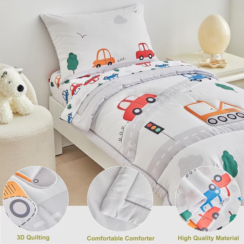 DuShow 4 Pieces Cars Toddler Bedding Set for Boys,Soft Toddler Bed Set in a Bag,Toddler Bed Comforter Set Includes Quilted Comforter, Flat Sheet, Fitted Sheet and Pillowcase - Image 2